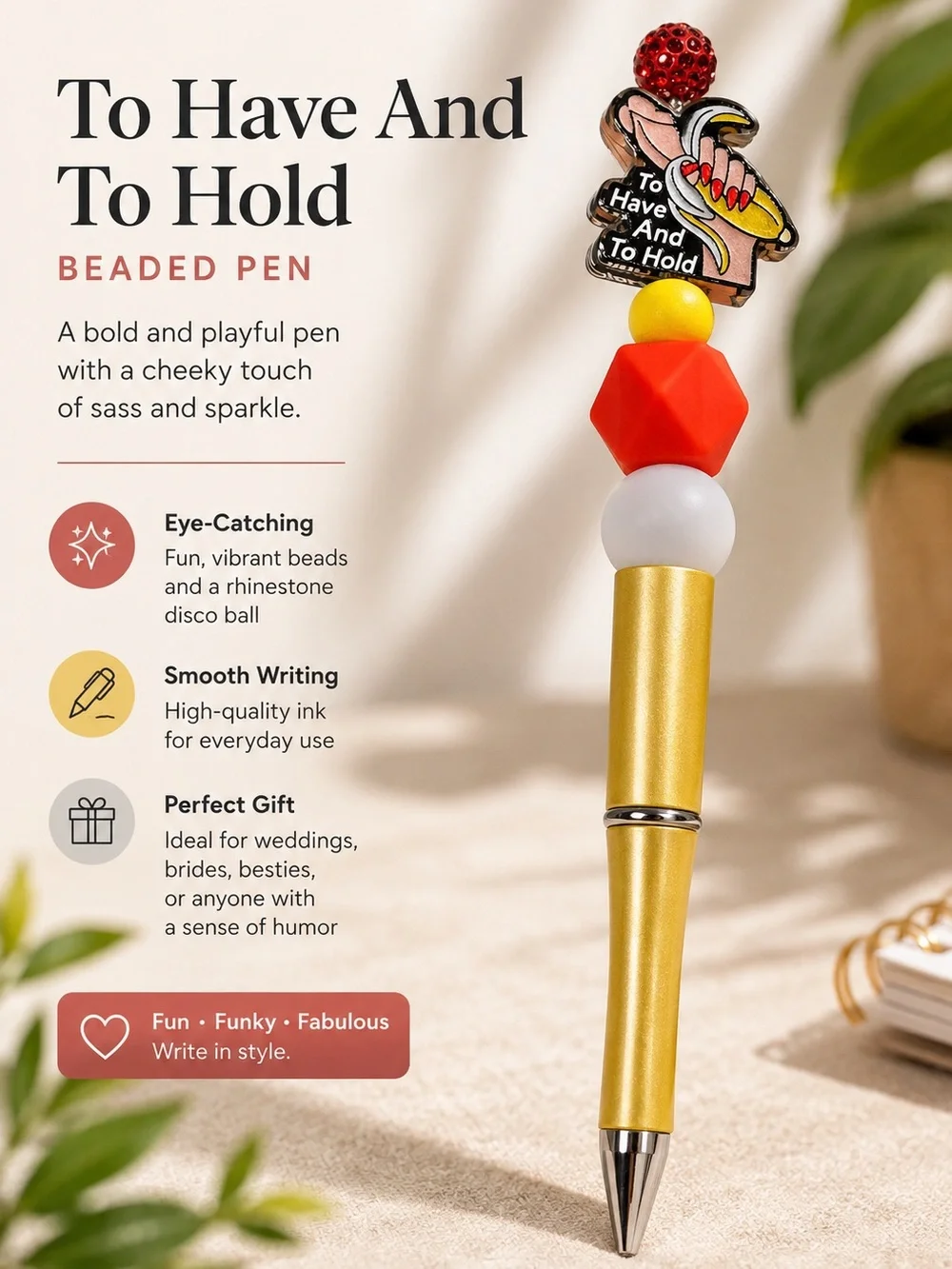 Hand Crafted Gold Pen with Red, Orange & White Beads